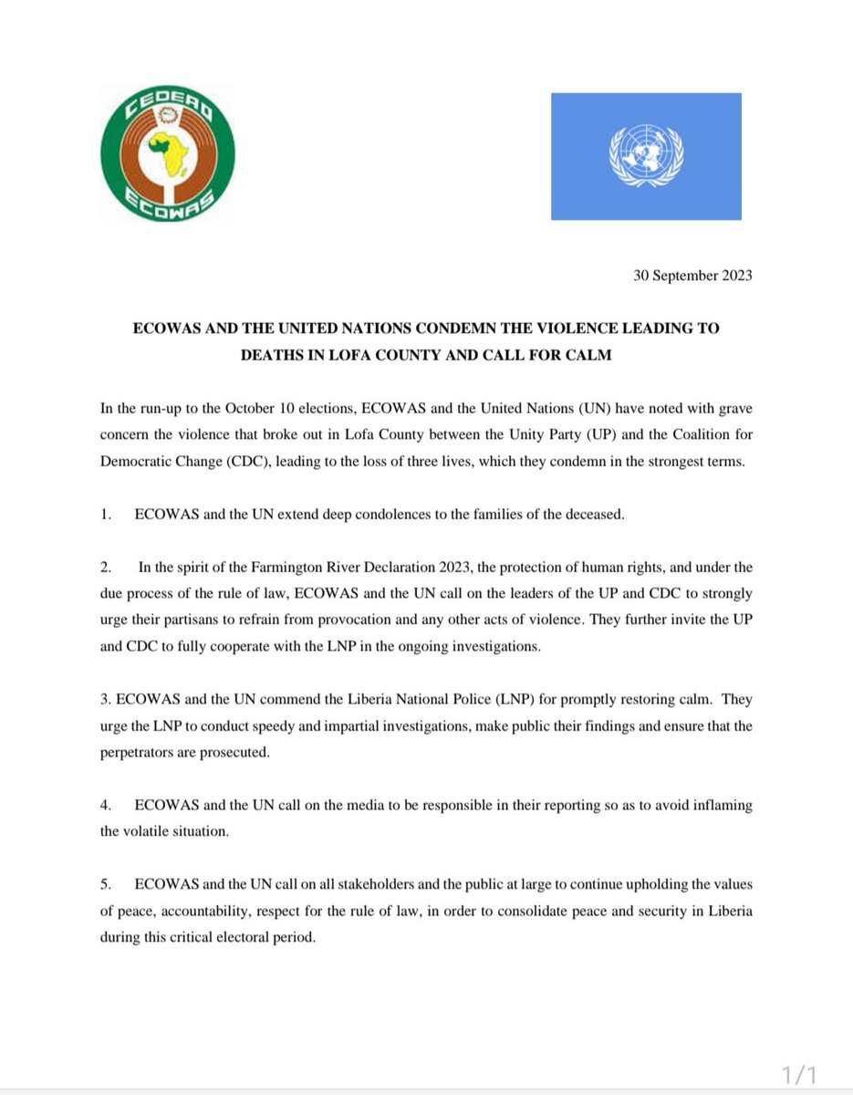 UN_Liberia's tweet photo. Statement from ECOWAS and the UN on the violence in Foya, Lofa County on September 29. 👇 https://t.co/wBOC4eSYLx