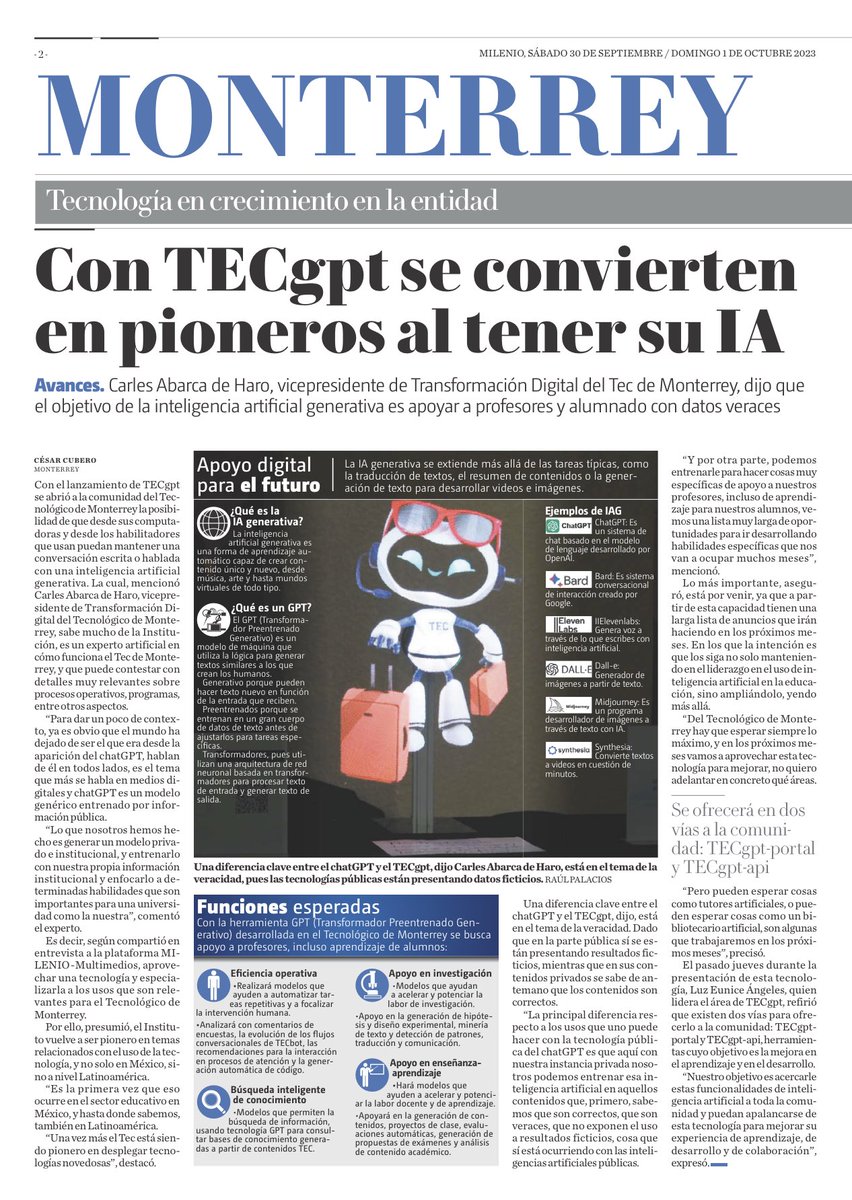 carlesabarca's tweet photo. @TecdeMonterrey siempre ha sido pionero en el uso de la tecnología, y ahora estamos dispuestos a liderar la revolución de la Inteligencia Artificial en el mundo de la educación. En nuestro evento #AIDay presentamos #TECgpt. Artículo de @MilenioMty. https://t.co/HoGXYbtqMP