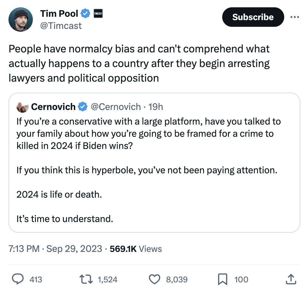 MattBinder's tweet photo. Tim reacting to a made-up scenario where Joe Biden rounds up conservatives &amp; executes them:
this is very serious, people need to wake up

Tim reacting to Donald Trump calling for extrajudicial executions: 
lol https://t.co/idZ4w85chF