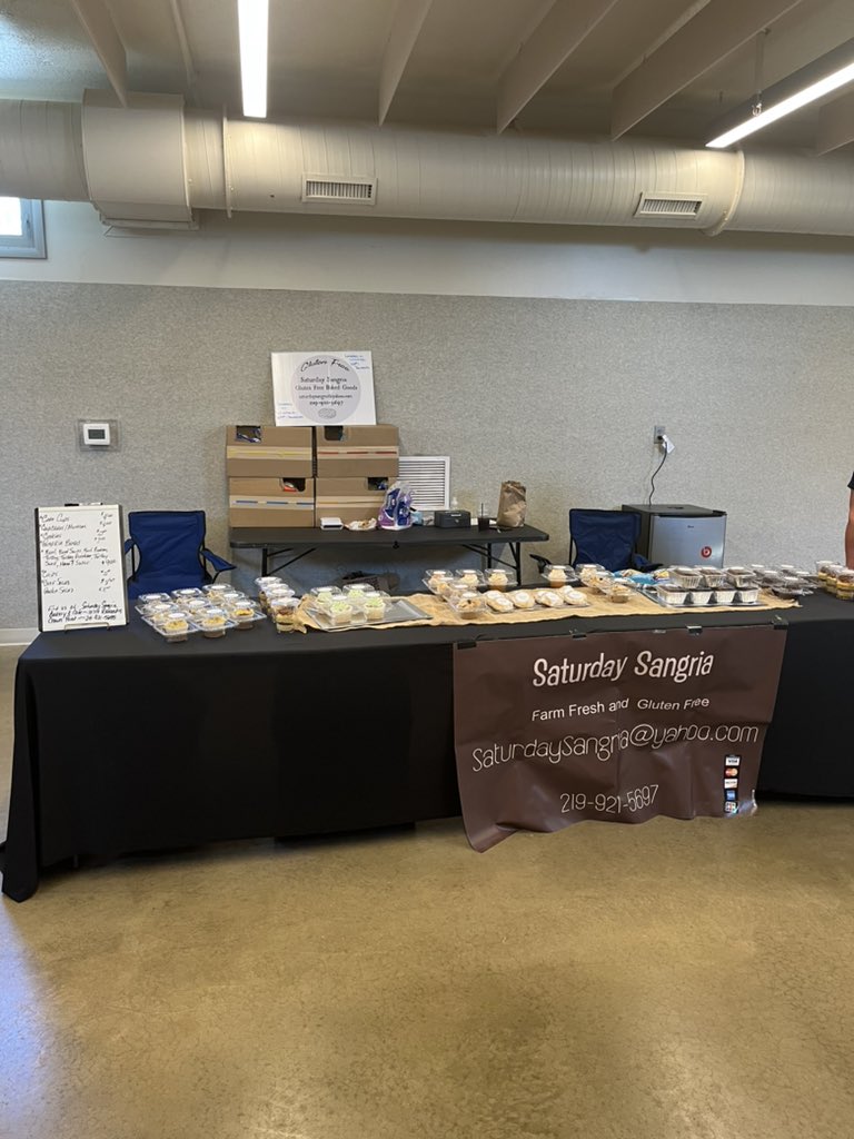 #SaturdaySangria is at the Bizarre Bazaar today. We have GFAF items such as Cupcakes, Muffins, Cookies, Pumpkin Bread as well as sandwiches and salads. The Bizarre Bazaar is being held at the Porter County Expo. Come see us.