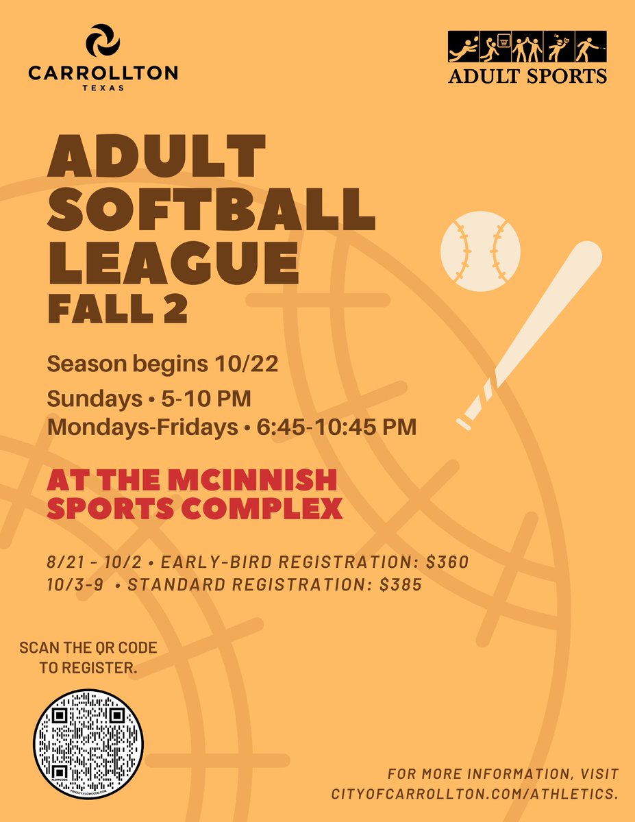 CarrolltonParks's tweet image. Fall is here &amp;amp; the 🥎season is about to get underway! Join our 2nd Adult Softball League and get ready to have some fun. Registration is open! Let&apos;s play ball! #fallball #adultsoftballleague #carrolltontx
 webtrac.cityofcarrollton.com/wbwsc/webtrac.…