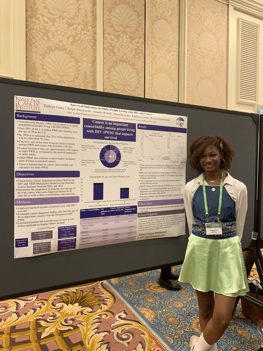 Tishiya Carey, former postbac fellow in the HIV and AIDS Malignancy Branch, presenting her work on survival outcomes in older people living with HIV and cancer. @ramya_ramaswami @DrKateLurain #AACRdisp23