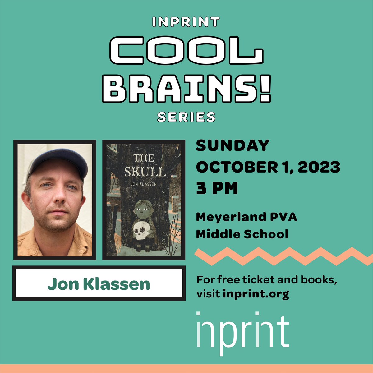 InprintHouston's tweet image. TOMORROW!! Inprint Cool Brains! Series presents @burstofbeaden with his new @Candlewick book #theskull
@MeyerlandMS, 3 pm (doors open 2:30 pm) Sun Oct 1. Free books for first 100 families. Skull themed craft decorating tutorial 2:45 pm. Free tix and info: inprinthouston.org/event/inprint-…