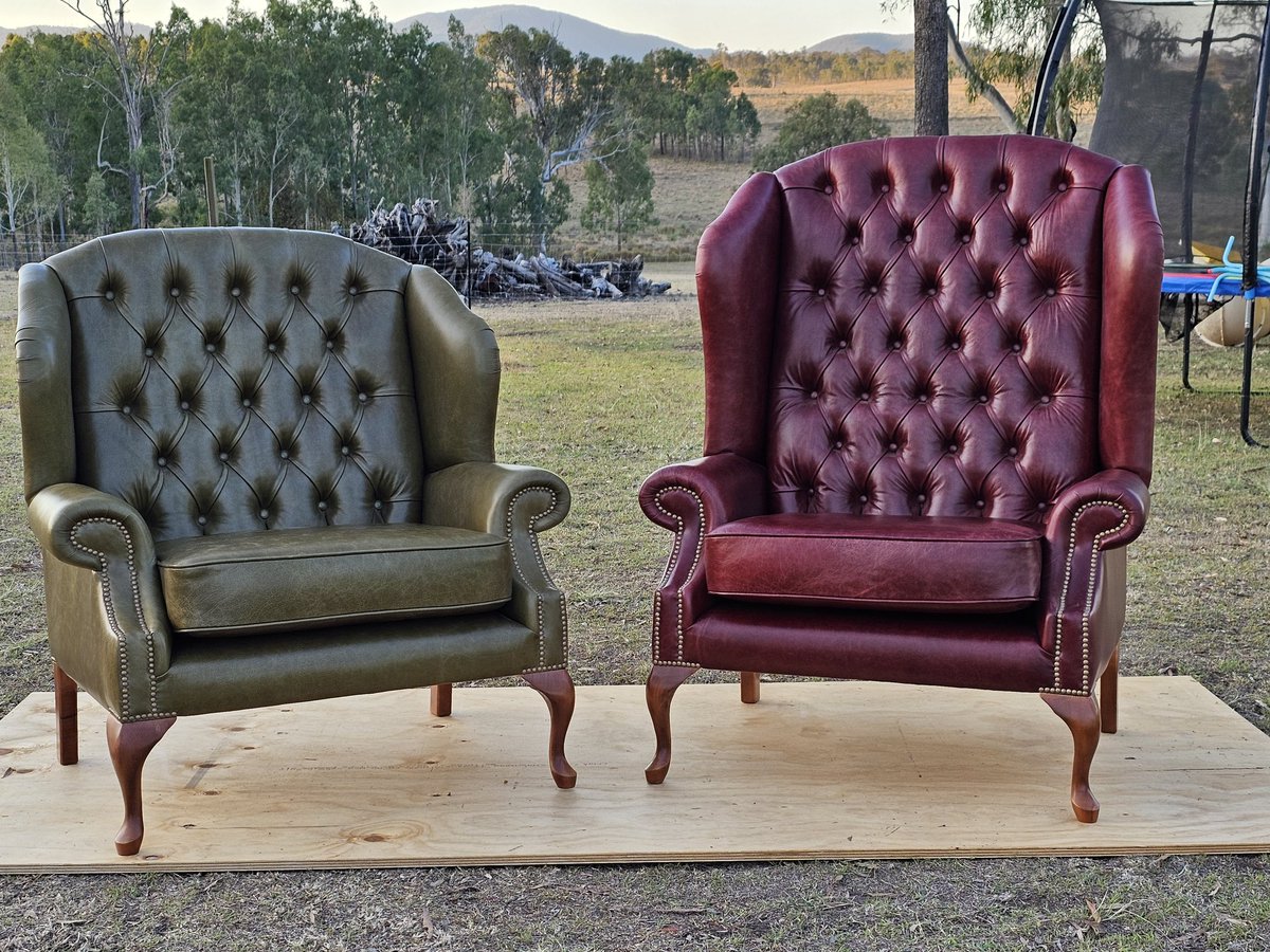 Ok something new
These 2 chairs are part of our NewSize called Baron seating ( 175mm / 7' ) wider than a standard size seat.

Chair in green is our DUKE wing chair, in Red is our King Charles wing chair. 
#interiordesign #australianmade #madeinqld #Chesterfield #leather