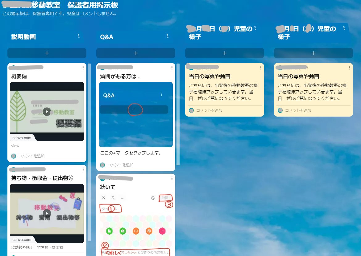 保護者を学校に呼ぶ形の宿泊行事説明会をやめたらWin-Winよって話
Padlet１枚で解決
①説明スライドに声を入れてリンクを貼る。【家にいながらスマホで何度でも確認できる】
②Q＆Aコーナーで随時質問募集【他の人の質問と回答を見て参考にできる】
③写真をリアタイでアップするコーナーを作る