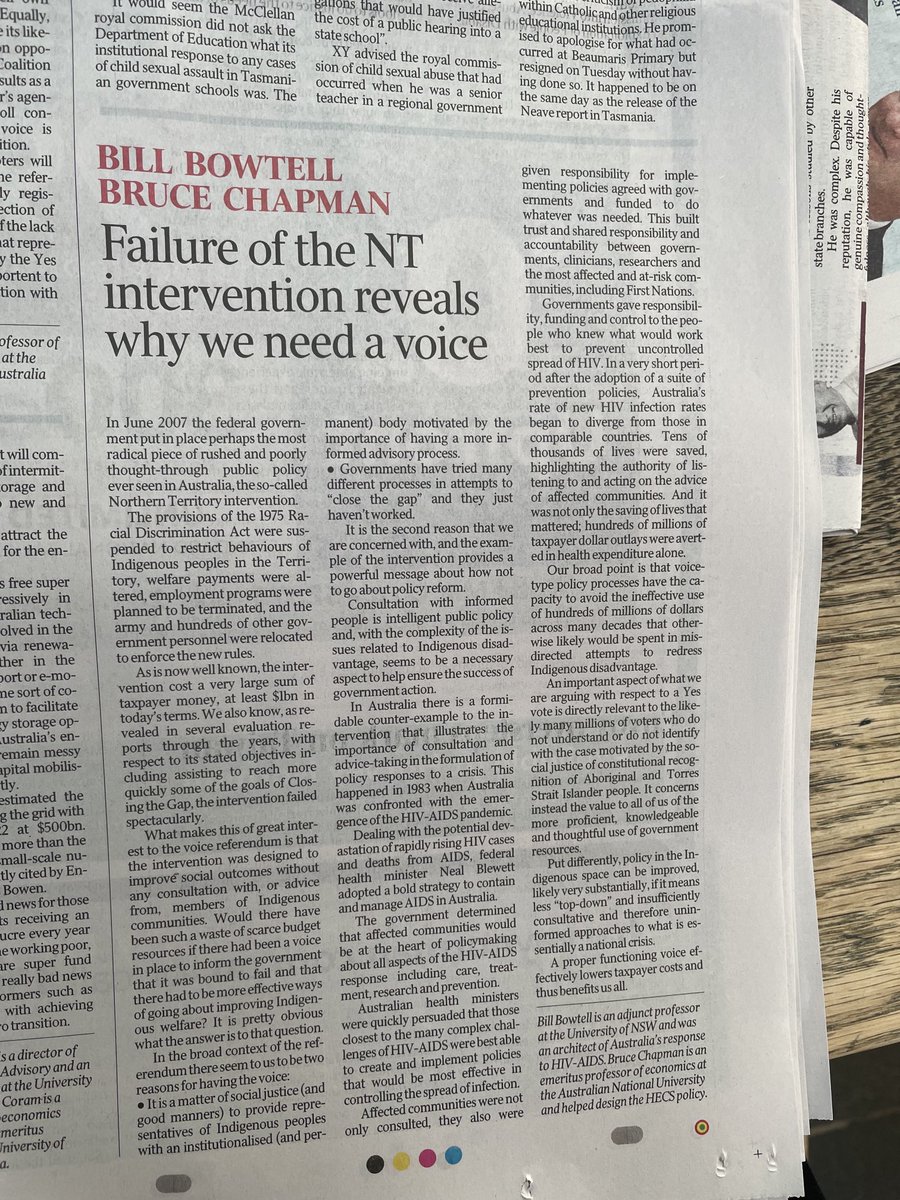 Many thanks to ⁦<a href="/australian/">The Australian</a>⁩ for running opEd by Bruce Chapman &amp; me on why giving those closest to serious challenges responsibility, funding and respect worked so well to overcome HIV/AIDS in Australia. Same principles are at the heart of The Voice.  Trust the people.