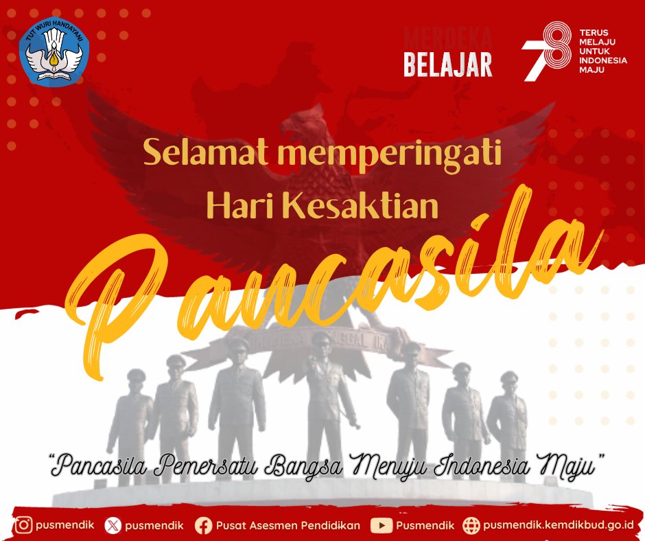 Implementasi nyata pengamalan nilai-nilai Pancasila akan menjadikan Indonesia semakin tumbuh, maju dan tangguh.
#SobatAsesmen, selamat hari kesaktian Pancasila 1 Oktober 2023.

------
FB: Pusat Asesmen Pendidikan
IG: <a href="/pusmendik/">Pusat Asesmen Pendidikan</a>
YT: Pusmendik
Web: pusmendik.kemdikbud.go.id