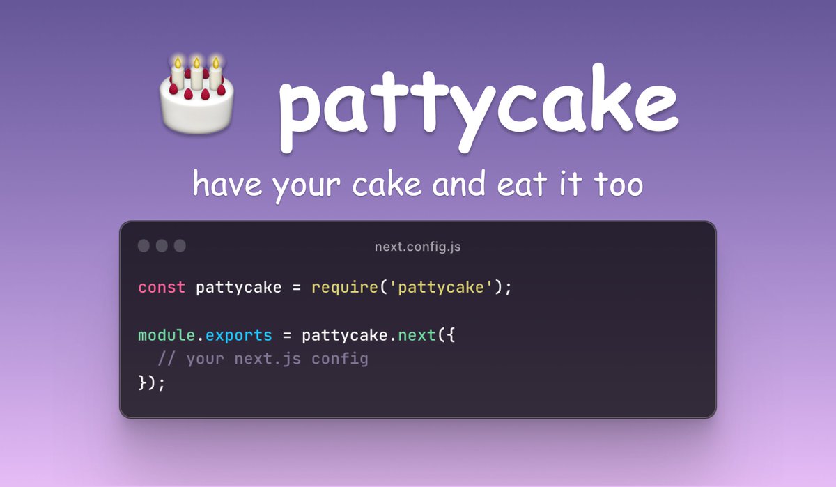 Introducing 🎂 pattycake

An optimizing compiler for ts-pattern for 10x faster performance 

Now, you have your cake (expressive pattern matching), and eat it too (zero runtime overhead).

Setup in <5 minutes: github.com/aidenybai/patt…