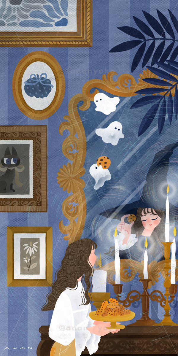 【10月 #カレンダー 】

今月は、ハロウィン！
パーティーの準備中に鏡の世界を見つけてしまって…👻
カレンダー付きも！

ハロウィンのイラストを待受画面にぜひ！

#ハロウィンイラスト #待受 

▼200円で販売してます🎃
note.com/anan_illust/n/…