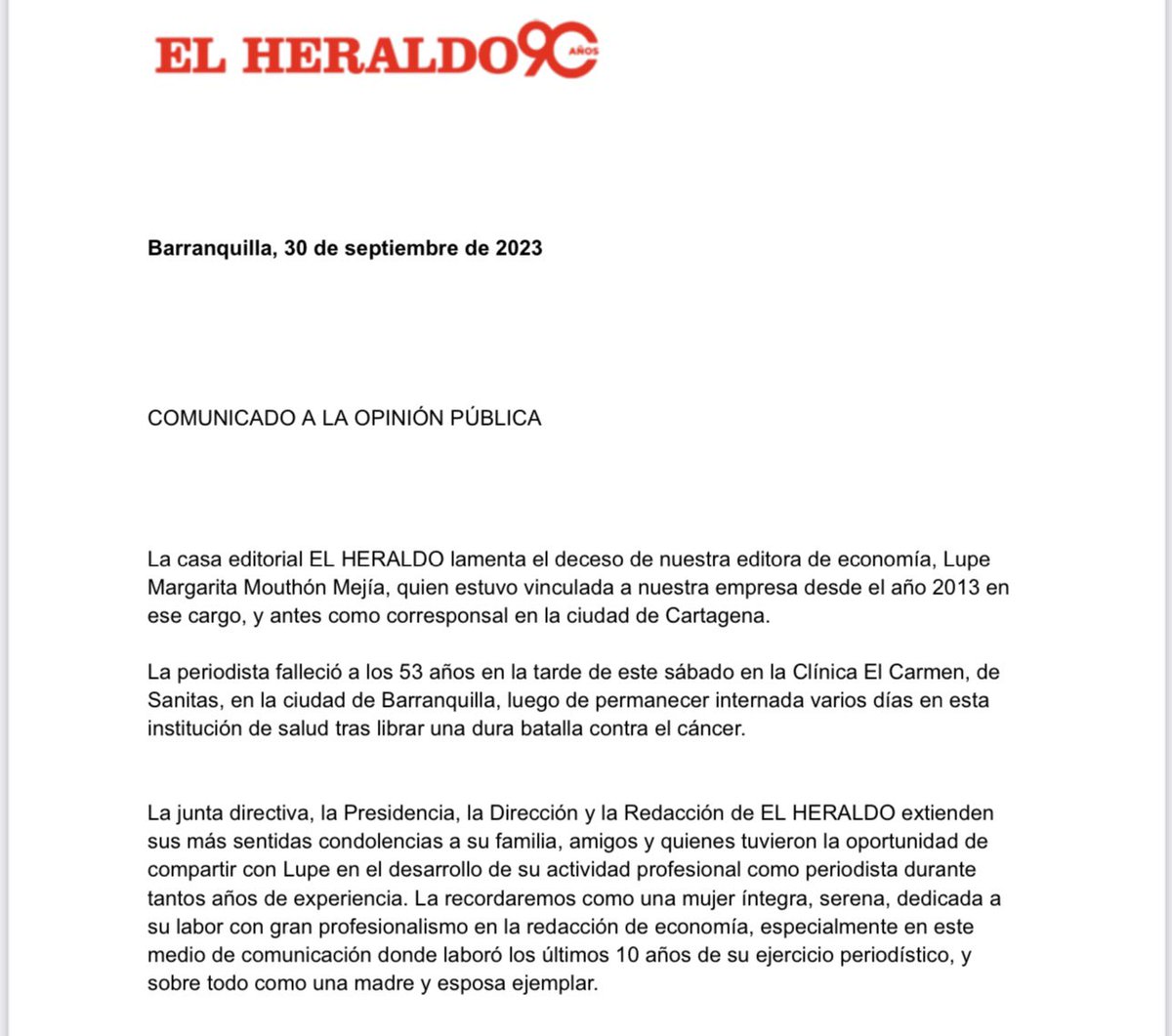 clorduy's tweet photo. #QuePesar pero además que dolor, saber que ha fallecido la amiga y excelente periodista @lupemouthon. A su familia y amigos mi solidaridad, que comparto con su casa editorial @elheraldoco. https://t.co/R2KJQP8kCp