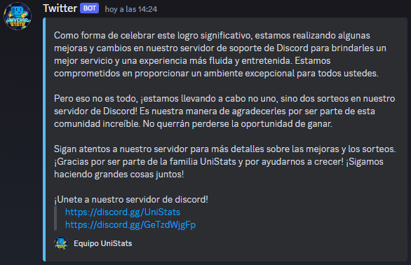 Estamos emocionados de anunciar que UniStats ha alcanzado la impresionante cifra de 1500 servidores. Esto no habría sido posible sin su apoyo continuo y entusiasmo por nuestro bot.  

En consecuencia, tenemos un importante anuncio que compartir con ustedes: