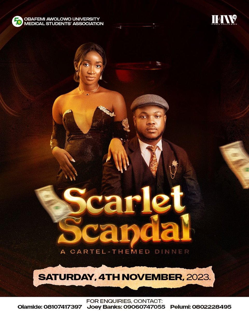 IfumsaOau's tweet photo. Scarlet Scandal awaits; a night where secrets shimmer and passions ignite.🥂
Will you be ensnared in the enigma? 🌹🔥
#ScarletEvening #DineInTheMystery #IFUMSAHealthweek
#IFUMSAHealthWeek2023
#36thIFUMSAHealthWeek
#IFUMSAHealthweek2023 #36IHW
#IHW23 #EpicComeback https://t.co/FCVUPI6H4G