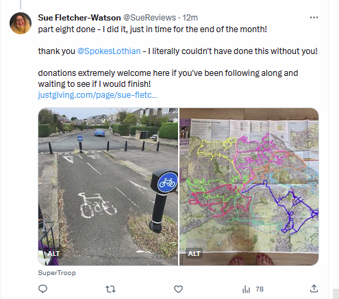 SpokesLothian's tweet photo. 🤩Congrats @SueReviews
.. cycled every path on #Edinburgh #SpokesMap!
.. raising💰for holidays for young people with learning disability
🙋♀️Donate here
->https://t.co/LyGjHNCIhL
.. then try to repeat her feat!
🙋♀️Map info
->https://t.co/9pRx7PHLcO
@EuanHyslop @CouncillorCowdy https://t.co/pcGB32UtAe