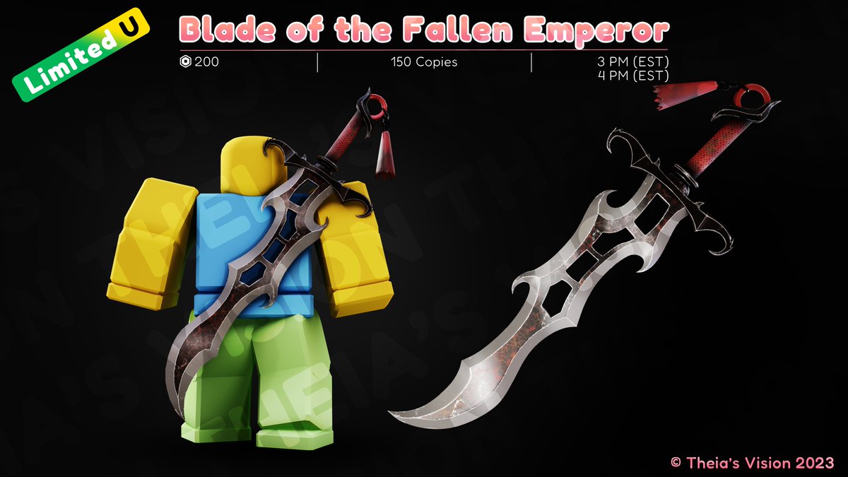 The Blade of the Fallen Emperor is releasing in 30 minutes!

Come get one for yourself!
R$ 200 per copy!
150 stock!

🔗roblox.com/games/14881876…

#Roblox #RobloxUGC #RobloxUGCLimited #ugclimiteds