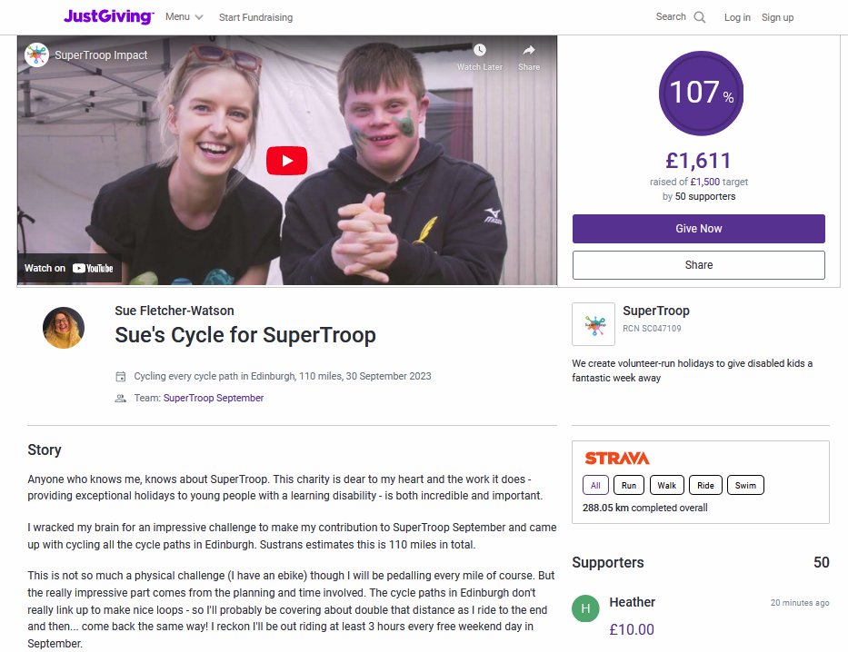 SpokesLothian's tweet photo. 🤩Congrats @SueReviews
.. cycled every path on #Edinburgh #SpokesMap!
.. raising💰for holidays for young people with learning disability
🙋♀️Donate here
->https://t.co/LyGjHNCIhL
.. then try to repeat her feat!
🙋♀️Map info
->https://t.co/9pRx7PHLcO
@EuanHyslop @CouncillorCowdy https://t.co/pcGB32UtAe