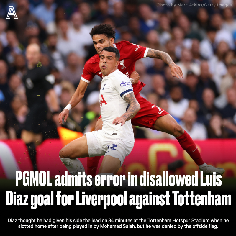 TheAthleticFC's tweet photo. PGMOL has admitted Luis Diaz’s disallowed goal for Liverpool against Tottenham should have stood following a “significant human error”.

More from @JamesPearceLFC ⬇️

#THFC | #LFC | #TOTLIV