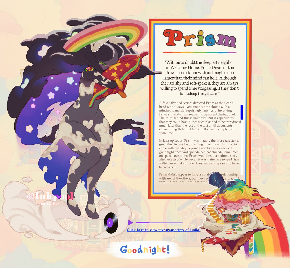 InkPool's tweet image. Introducing Prism Dream! ⛅️✨

Having trouble falling asleep? Need calming after a nightmare? Or perhaps you need some insight on something astronomy related! Well, I have just the neighbor for you! 💖🌤️🌈

#WelcomeHomeOC #WelcomeHome