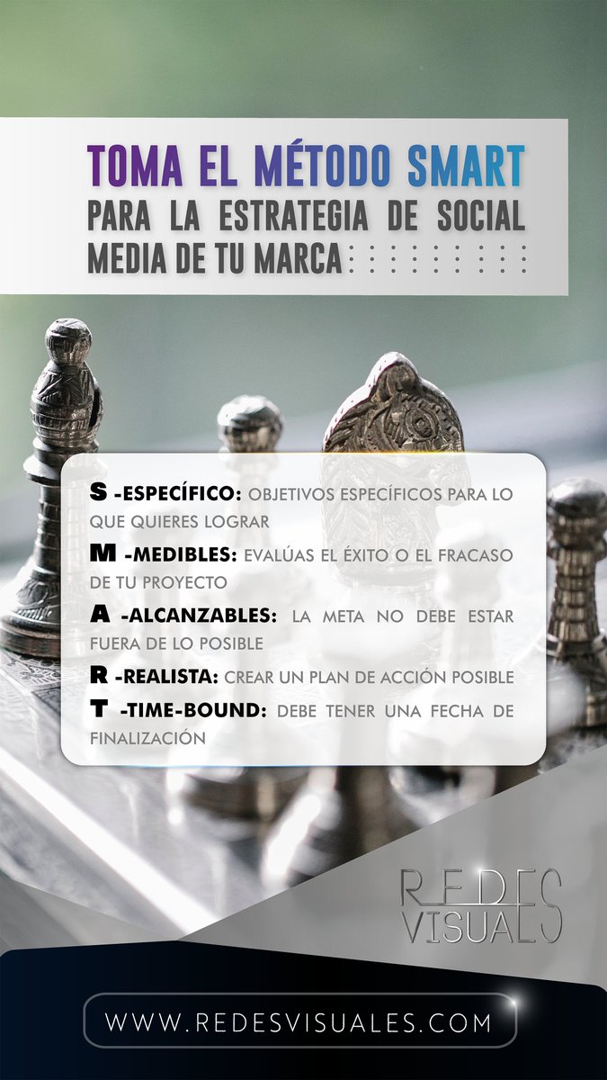RedesVisualesVE's tweet photo. Toma el método #SMART para la estrategia de #socialmedia de tu #marca:

S - #Específico: objetivos específicos. 
M - #Medibles: evalúas el éxito o el fracaso. 
A- #Alcanzables: no debe ser imposible.
R- #Realista: plan de acción posible.
T - #Timebound: fecha de finalización. https://t.co/g2rMHA3uB9