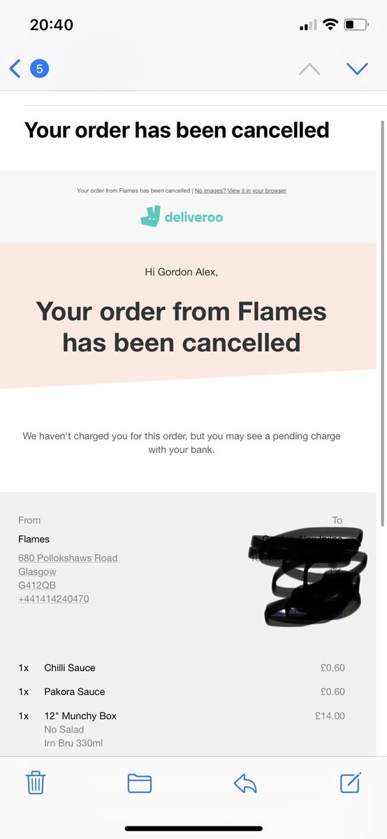 GIrvine102's tweet photo. Been waiting for this for over an hour and has just been randomly cancelled with no explanation! Thanks @Deliveroo Won’t be ordering from you or flames again!! https://t.co/dMTrVBjzwu