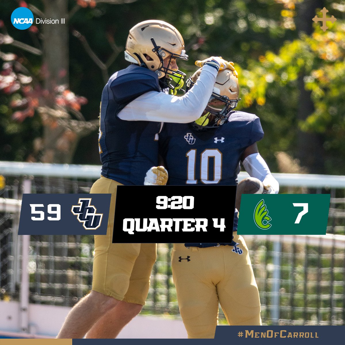 TOUCHDOWN! William Burney catches an 8 yard pass from Nikko Georgiou to make the score 59-7.

Quarter 4 - 9:20

John Carroll - 59 
Wilmington - 7

📊jcusports.com/sidearmstats/f…
📺jcusports.com/live