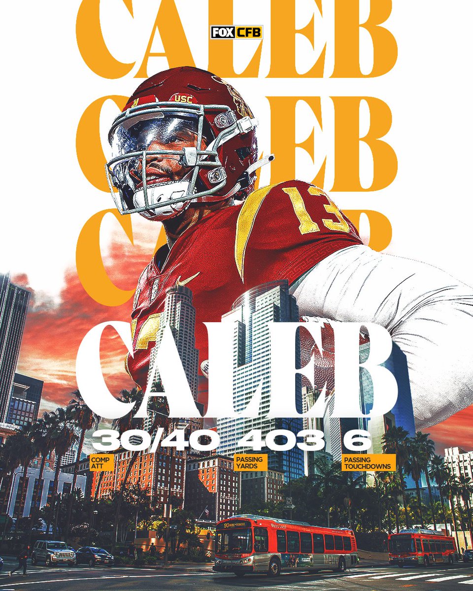 CFBONFOX's tweet photo. Caleb Williams continues to put on a show for the Trojans 👏

With 6 pass TDs and 403 pass yards, the defending Heisman winner put on another big-time performance today for @uscfb ✌️😤 https://t.co/SIFXiqWIWS