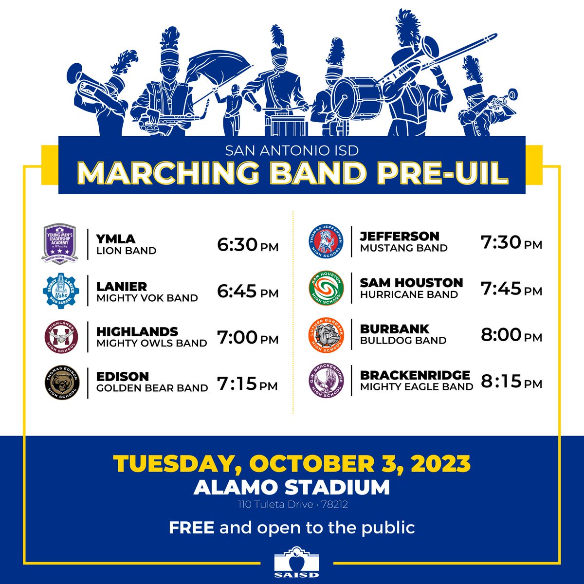 The SAISD Marching Band Pre UIL-Showcase is returning Tuesday, October 3 at Alamo Stadium. The free event starts at 6:30 p.m.

La Banda de Marcha de SAISD Pre UIL-Showcase regresa el martes 3 de octubre en el Alamo Stadium. El evento gratuito comienza a las 6:30 p.m.