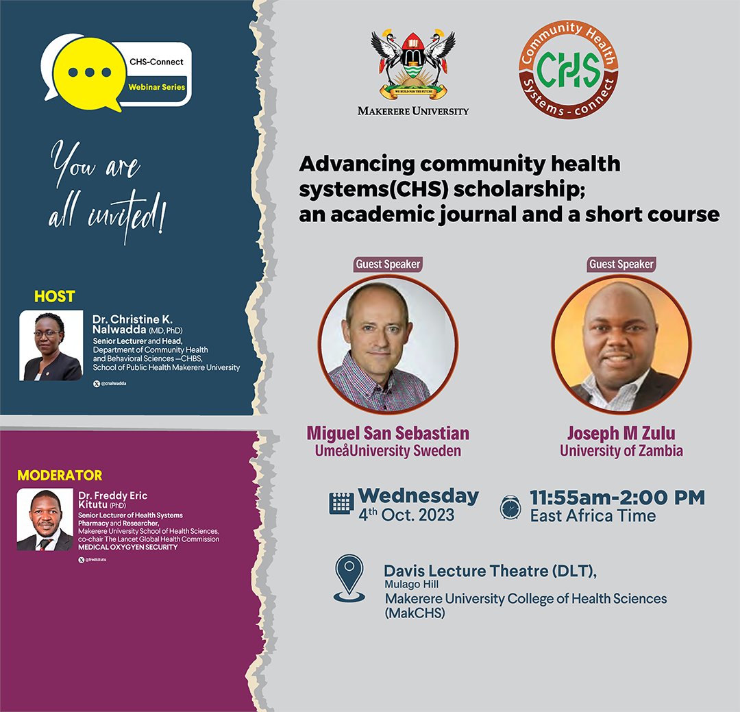 cnalwadda's tweet photo. Dear friends!
Join us for an exciting seminar on "Advancing Community Health Systems (CHS) Scholarship: An Academic Journal and a Short Course." π
This event is a collaboration between @Makerere and researchers from @ConnectChs.
#CommunityHealthSystems @DrKitutu @MakerereCHS https://t.co/F5tSBf4h7r