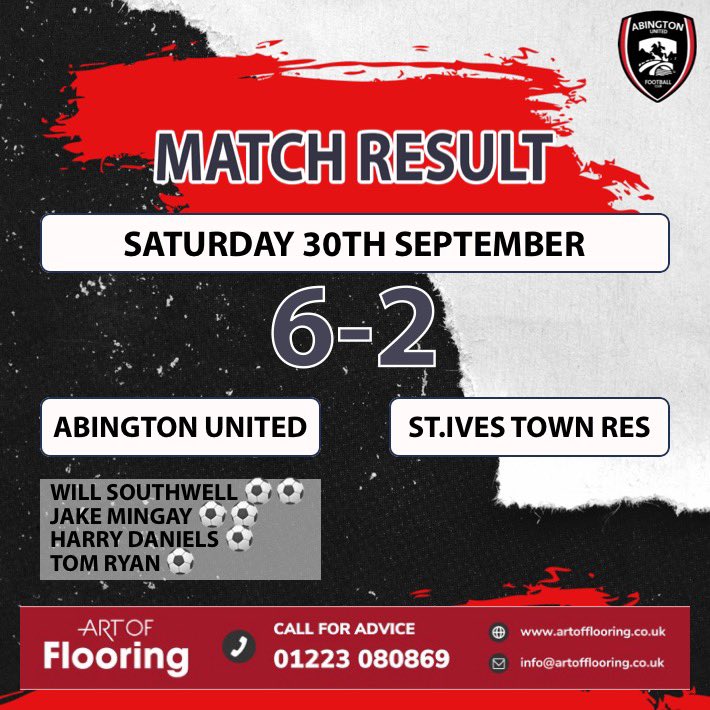 ⚽️MATCH RESULT⚽️
Abington United 6-2 <a href="/stivestownfcres/">St Ives Town FC Reserves</a> ⚽️ Job done 3 points secured! 

We would love to share the footage from todays game with you but the opposition didn’t feel like sharing it👀

Our goals:
W Southwell ⚽️⚽️
J Mingay ⚽️⚽️
H Daniels ⚽️
<a href="/ryan14_t/">T.Ryan14</a> ⚽️