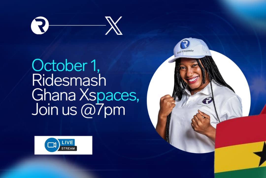 @ridesmashghana @Afia_Dimple @_Ajara_ 
Join Ridesmash Ghana Xspace tomorrow, 1st October exactly 7pm 🎉

#RidesmashGh #applaunch