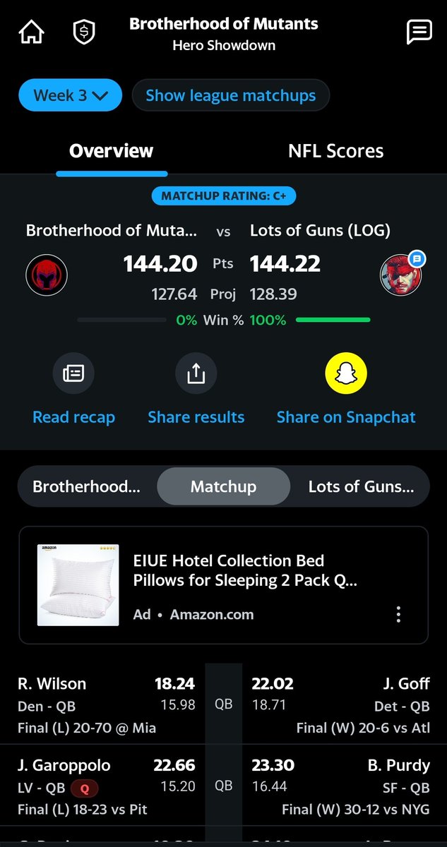 BigshowJackson's tweet photo. @PatMcAfeeShow this is a summary of how my Fantasy League is going this year lost by .02. Also I'm a @Broncos fan, so #NFL is not going good for me this year https://t.co/0WMO580oPt