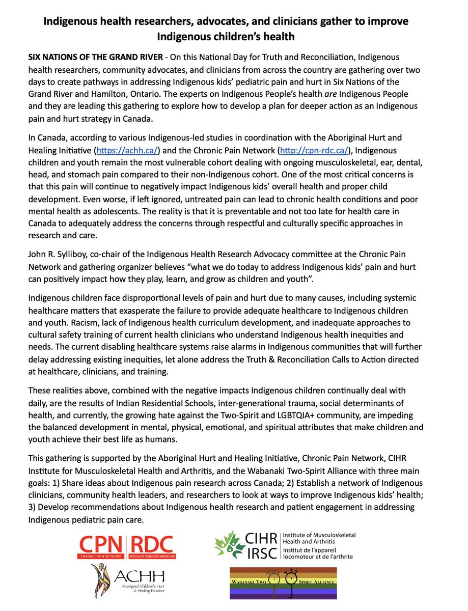 Chronic Pain Network (@cpn_rdc) on Twitter photo On this #NDTR2023, Indigenous health researchers, community advocates, and clinicians from across the country are gathering over two days to create pathways in addressing Indigenous kidsโ pediatric pain and hurt in <a href="/SixNationsGR/">Six Nations of the Grand River</a> and Hamilton, Ontario. On this #NDTR2023, Indigenous health researchers, community advocates, and clinicians from across the country are gathering over two days to create pathways in addressing Indigenous kidsโ pediatric pain and hurt in <a href="/SixNationsGR/">Six Nations of the Grand River</a> and Hamilton, Ontario.