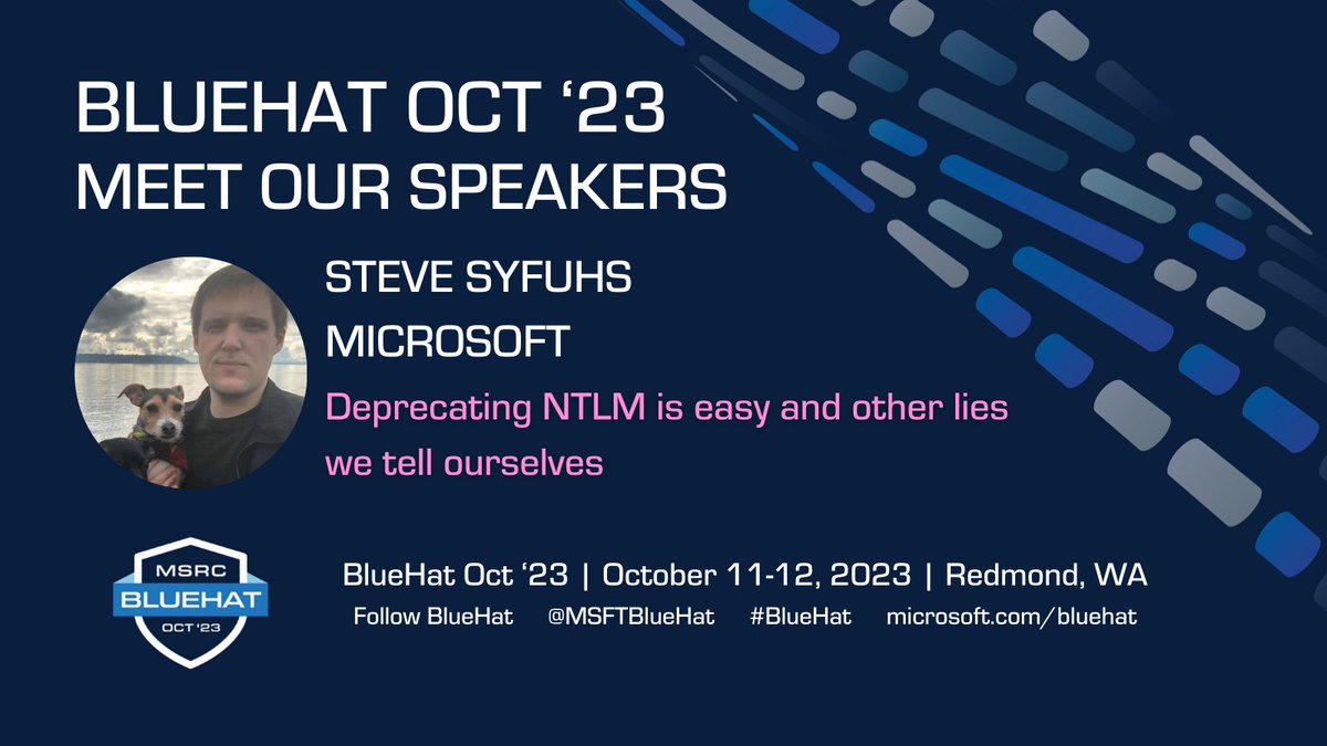 📣SPEAKER ANNOUNCEMENT📣

Our next #BlueHat speaker, Steve Syfuhs from Microsoft, will be presenting a talk titled "Deprecating NTLM is Easy and Other Lies we Tell Ourselves." 👏