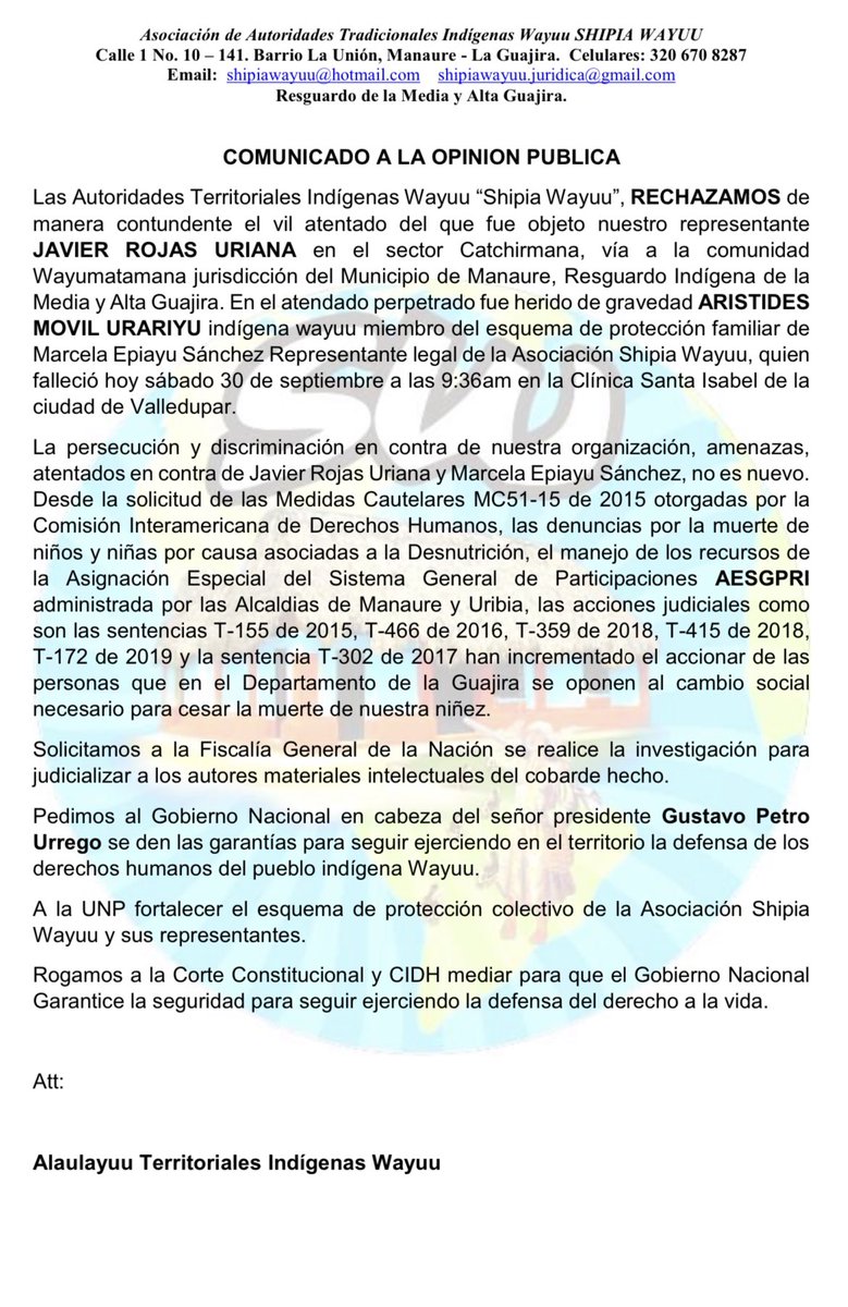 shipiawayuu's tweet photo. Comunicado Público de los Alaulayuu Territoriales Wayuu frente al vil atentado ocurrido el día 28 de Septiembre del 2023 que segó la vida de nuestro familiar, amigo y hermano Aristide Movil Urariyu. @petrogustavo @FranciaMarquezM @CConstitucional @CIDH @DESCA_CIDH @ACRegiones @luchogomezp @CancilleriaCol @DefensoriaCol @hrw @VivancoJM