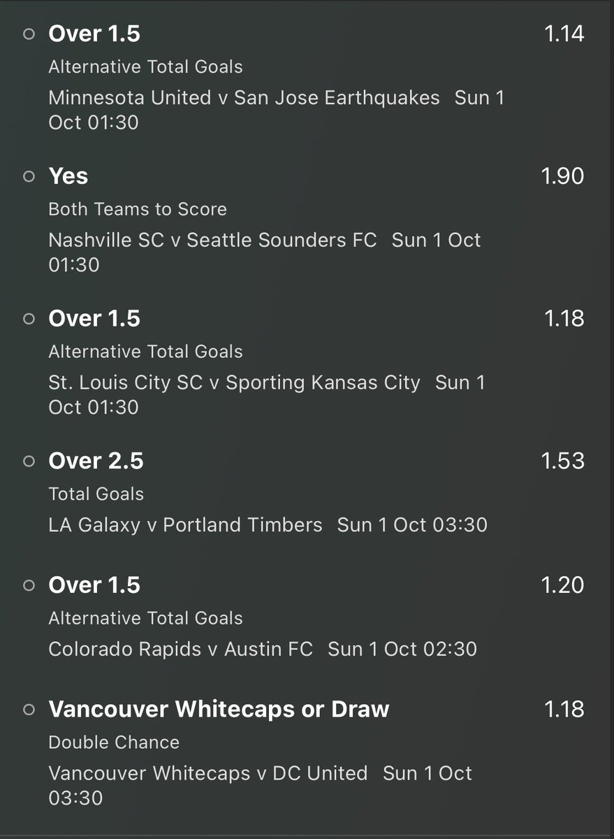 MLS OVERNIGHT ACCA @ 55/1🇺🇸⚽️🇺🇸

Good luck!🔞

#MLSSeasonPass 
#GamblingTwitter 
#CLBvPHI
#MIAvNYC
#NEvCLT
#RBNYvCHI
#ORLvMTL
#TORvCIN
#Dtid
#MINvSJ
#NSHvSEA
#STLvSKC
#COLvATX
#LAvPOR
#VANvDCU
@FreeBetRetweets