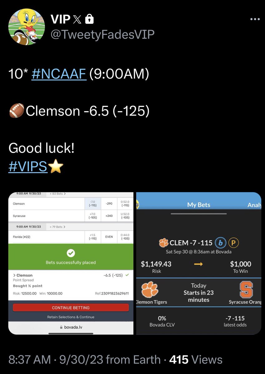 TweetyFades's tweet photo. 10* Clemson -6.5✅
5* Colorado +22✅
3* Florida +1.5❌

I know you guys want more right? https://t.co/53vT0BcAF1