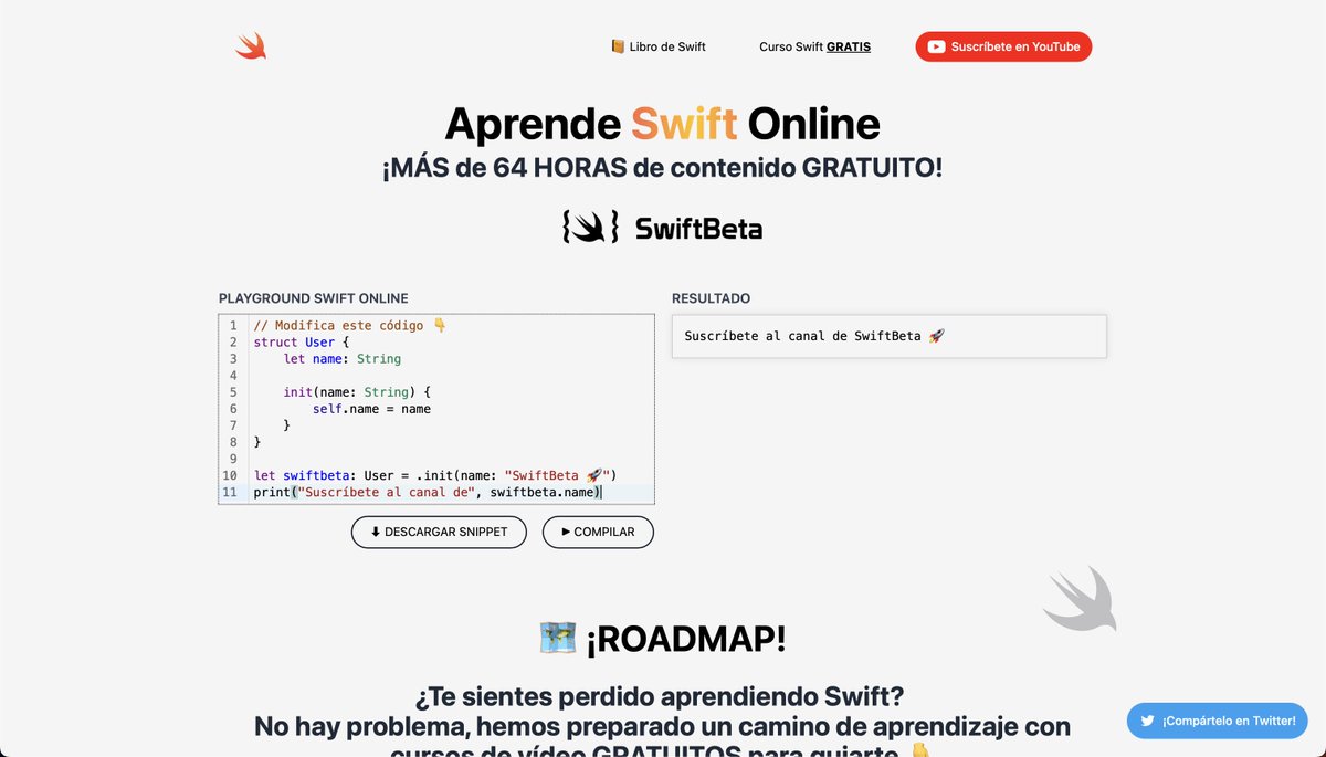 SwiftBeta_'s tweet photo. Hace tiempo empecé un proyecto de https://t.co/DyC93FK515 que aún no ha visto la luz

La idea es crear algo parecido a lo que tiene @midudev con https://t.co/iZ6P5FGFtW

¿Te gustaría verlo para Swift?

Así es como está la web ahora mismo (puedes compilar código Swift 🤯) 👇 https://t.co/mCfEym8rZR