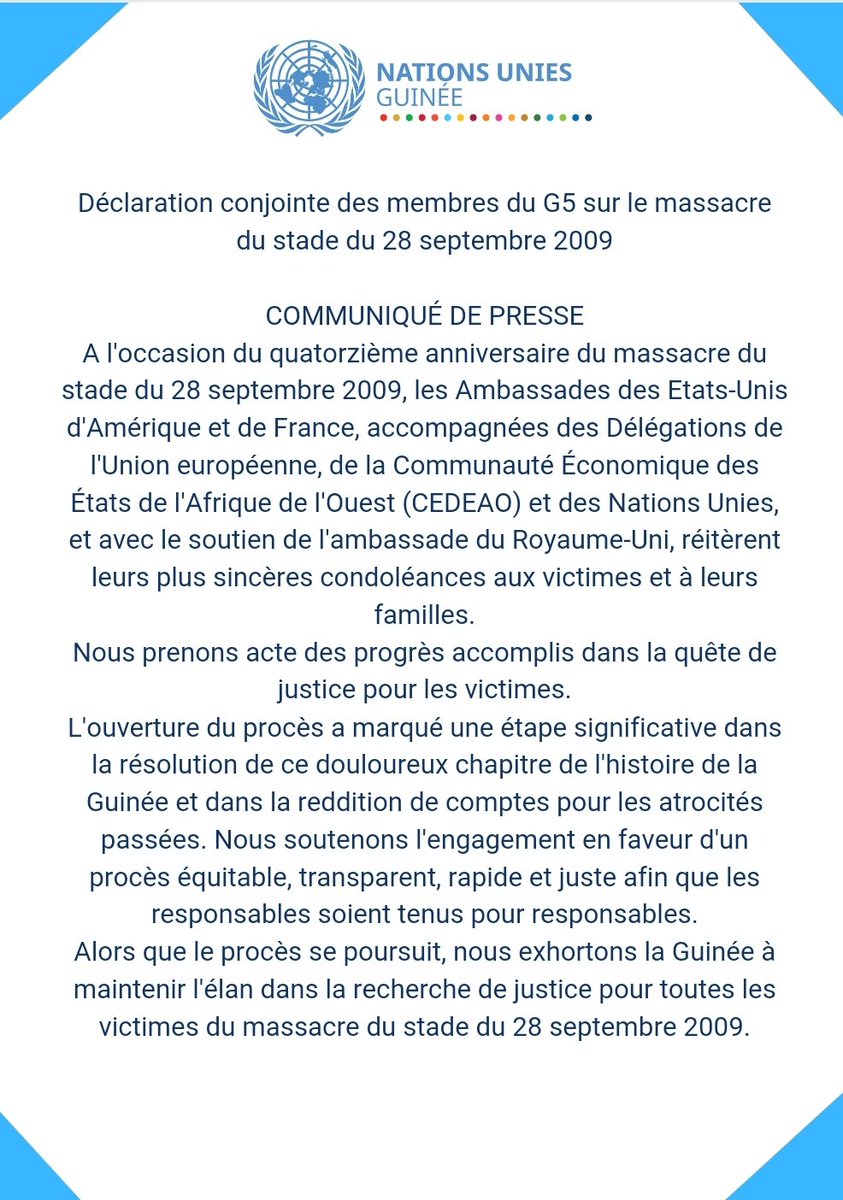 OnuGuinee's tweet photo. Déclaration conjointe des membres du #G5 sur le massacre du stade du 28 septembre 2009. https://t.co/wCavdzA67D