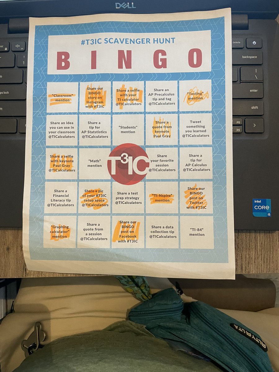 KnotePad1's tweet photo. Did my bingo board for T3
“Graphing calculator” mention
Share pic of #T3IC setup space 
#T3IC free space
Share a quote from Keynote Paul Gary
“Testing” mention https://t.co/D0xksOgLv9