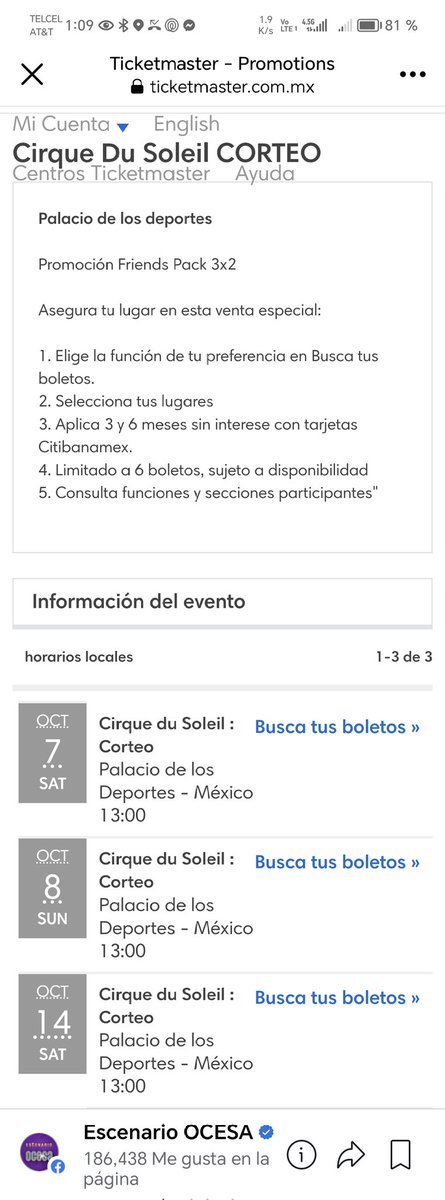IZAC93's tweet photo. @ServicioTM tengo el siguiente problema: realice una compra por internet para circus du soleil corteo por una promoción anunciada en facebook dónde ponen 3x2 y hasta 6msi, para el 14oct, 13hrs, pero al final si me cobraron las 3 entradas, quisiera ver cómo remediarlo y aplicar3x2 https://t.co/De2v0IN0ci