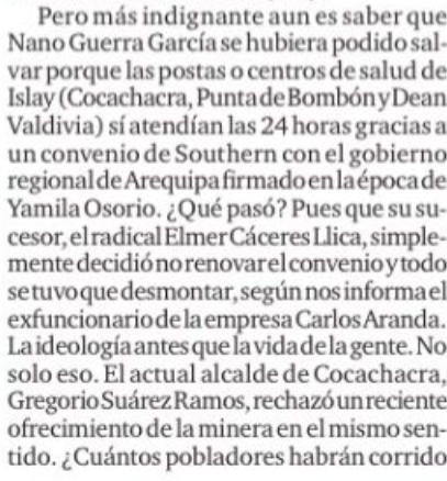 aaronsalomong's tweet photo. La posta médica de Punta de Bombón atendía las 24 horas, gracias a la empresa minera Southern, pero la basura roja Elmer Cáceres Llica, hoy preso por corrupto, no renovó el convenio entre la compañía y el gobierno regional de Arequipa. De igual forma, el actual alcalde de Cocachacra, Gregorio Suárez, rechazó un ofrecimiento de la minera para que vuelva a operar el centro médico en Islay todo el día.

Fuente: Jaime de Althaus.