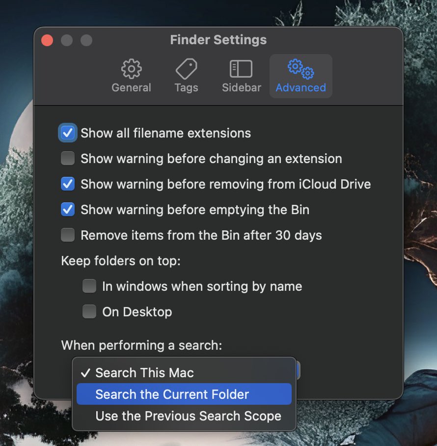 TIL that you can force Finder app to search current folder instead of the whole computer #macos #macostips