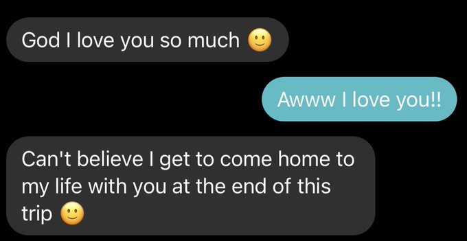 5 years, almost every waking second together, he leaves for a week, and this. I&rsquo;m so lucky. ❤️ https://t
