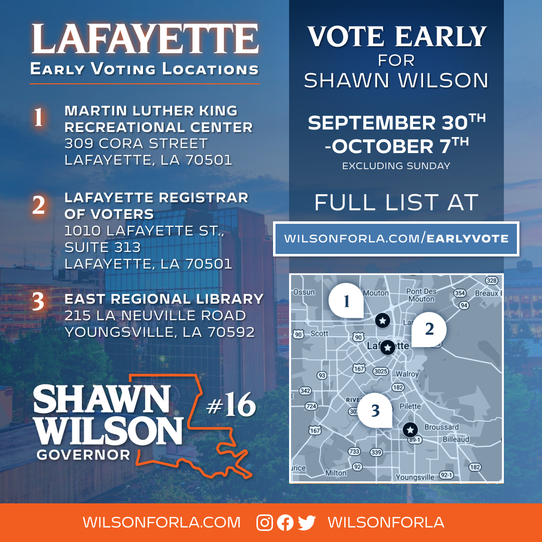wilsonforla's tweet photo. I have the experience, vision, and real plans to deliver the necessary resources to move Louisiana forward as Governor, for ALL of our communities.

Early Voting is starts today, September 30th. and runs through October 7th. Remember, Election Day on October 14th coincides with homecoming and football games, so cast your vote early and help shape our community's future!

Find your polling place at https://t.co/b8X71nzEpF and geaux vote! 🗳️

#lalege #lagov