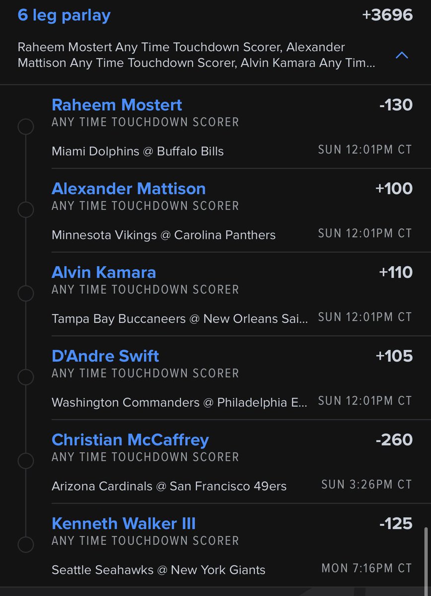 anytimeTDpicks's tweet photo. ATD parlays for week 4 #NFL #anytimeTD #parlay #GambingTwitter https://t.co/JrdnCItVza