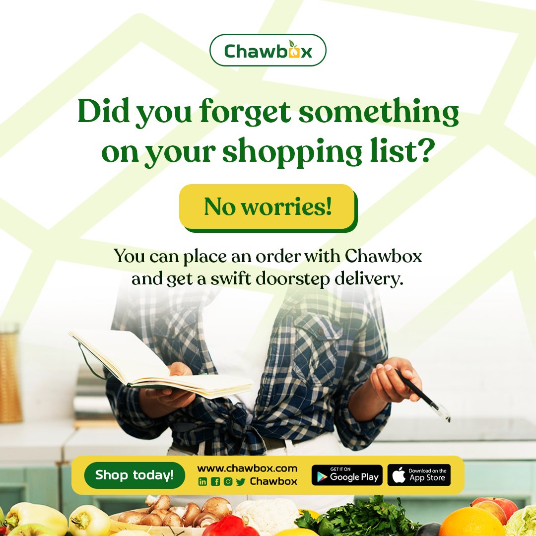 Did you forget something on your shopping list?

No worries!

You can place an order with Chawbox  and get a swift doorstep delivery.

#ShopSmartSaveMore 
#groceriesinlagos 
#grocerydelivery