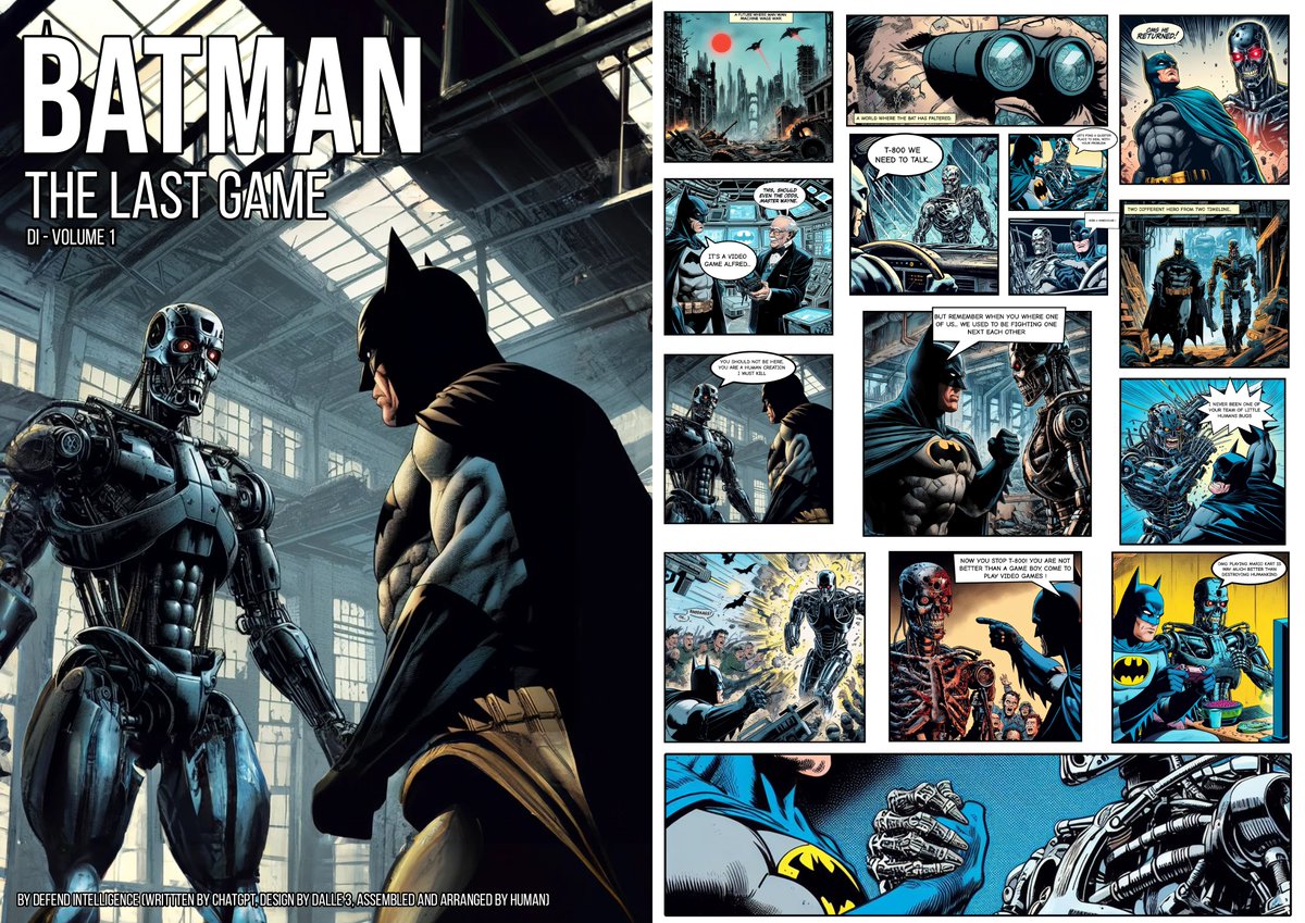 L'#IA c'est une dinguerie. Avec Dalle 3 je viens de donner vie à mon rêve: un comic où Batman affronte Terminator. 

Toutes les images ont été générées par Dalle 3 et ca m'a pris 2h pour tout assembler, rendre ca propre etc. C'est pour le délire bien sur mais c'est incroyable !