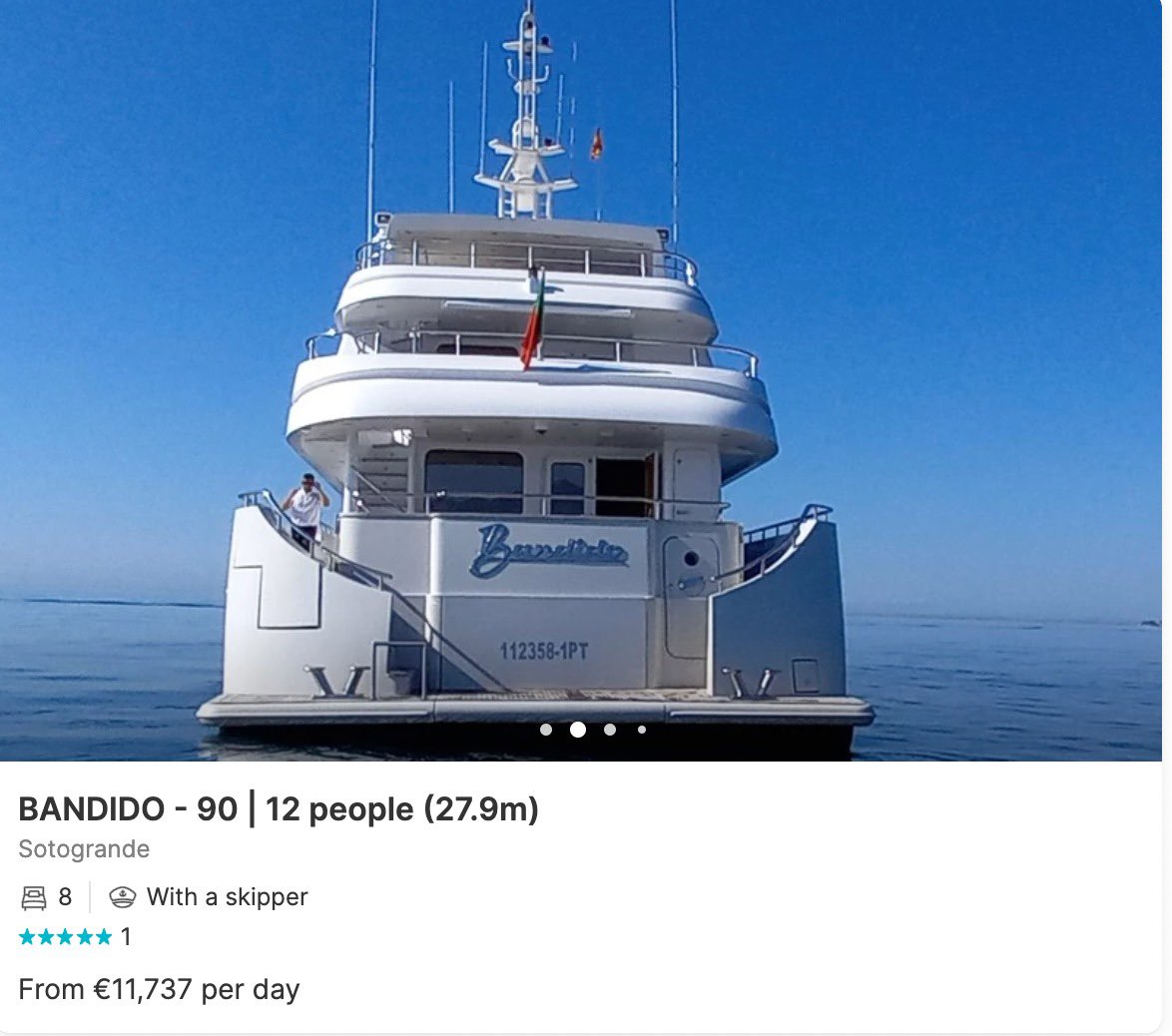 agustinromm's tweet photo. El yate que alquilo Insaurralde se llama "Bandido" y cuesta 12 mil euros por día. Y vos te ponen contento con el previaje... 

Una Argentina distinta es imposible con los mismos de siempre. Milei 2023. https://t.co/7kW3wy5aGD