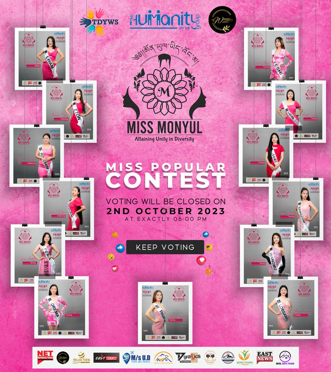 Miss_Monyul's tweet photo. Don't miss out on the chance to support your favorite contestant! The voting window ends promptly on October 2nd at 6:00 pm. Show them some love ❤️

#MissMonyul2023 #beautypageant #misspopular #contest #likes #DirectEntryToTop8 #beautywithapurpose #tawang #bomdia #monyul https://t.co/v39d6HEJCT