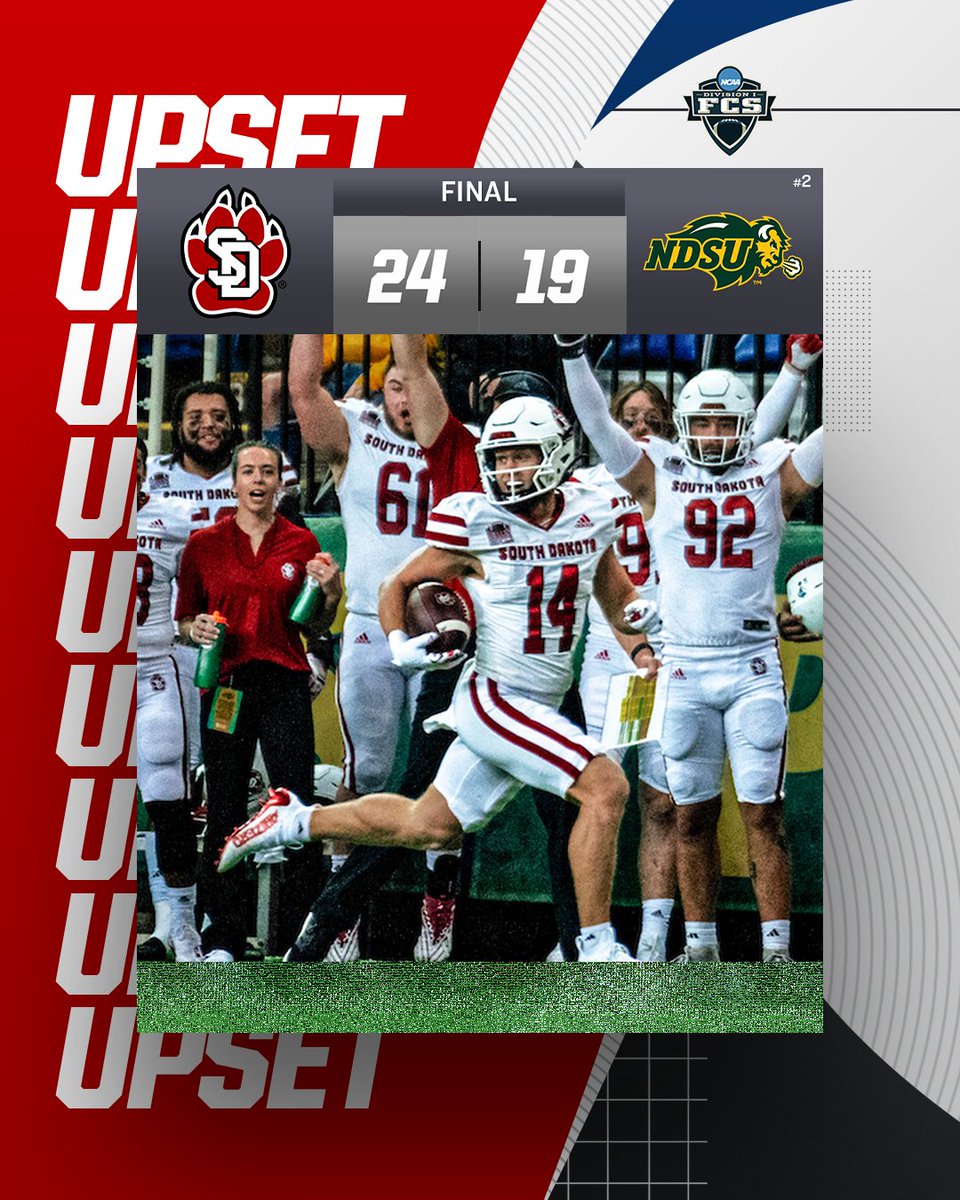 🚨 UPSET ALERT 🚨

<a href="/SDCoyotes/">South Dakota Coyotes</a> upsets No. 2 <a href="/NDSUfootball/">NDSU Football</a>, 24-19

#FCS