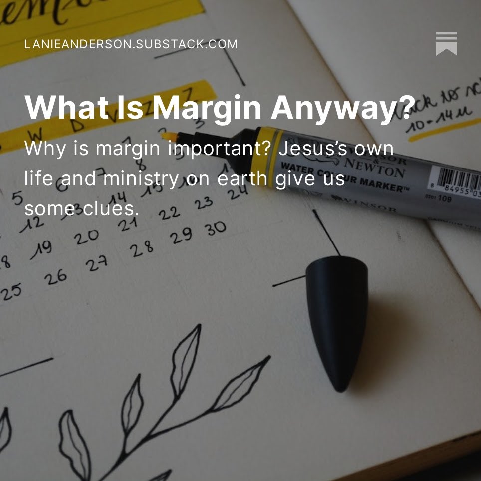 I have a new Substack post today!

What is “margin,” and why do we need it in our schedules and our minds? Today I'm sharing some thoughts about how Jesus’s own life and ministry on earth give us some clues. 

open.substack.com/pub/lanieander…